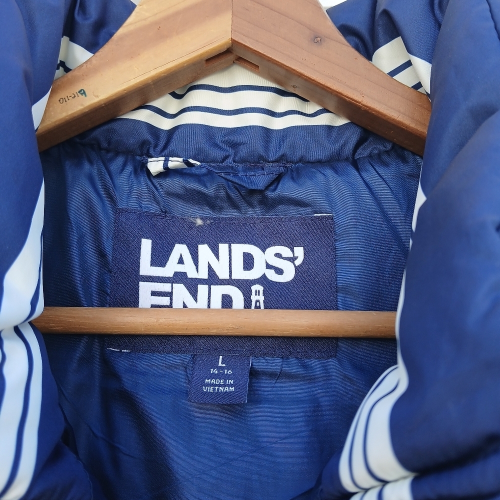 Lands' End Down Vest Founders Stripe Navy Puffer - Picture 3 of 7